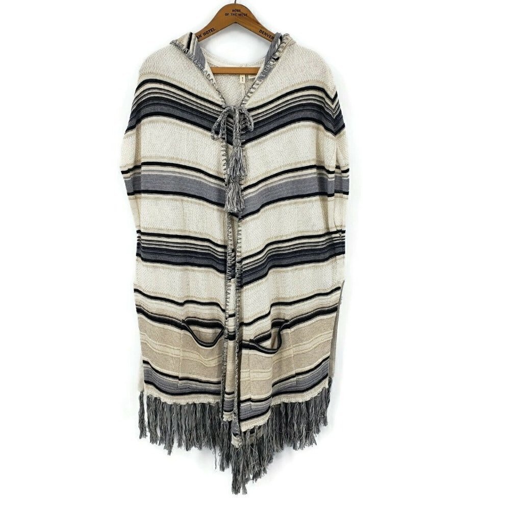 Anthropologie Moth Calexico Poncho Cape Womens XS/S Ivory Black Striped Fringe